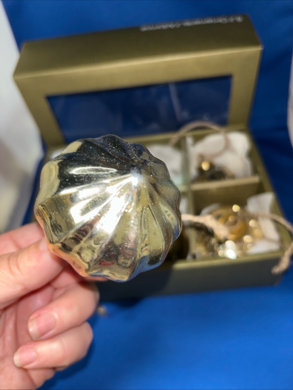 Crate&Barrel Gold Tone Mercury Glass Christmas Ornaments, Boxed Set of 6 - Picture 8 of 9